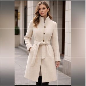 Brooks Brothers Elegant Tan Cream Belted Wool Coat. Size 4